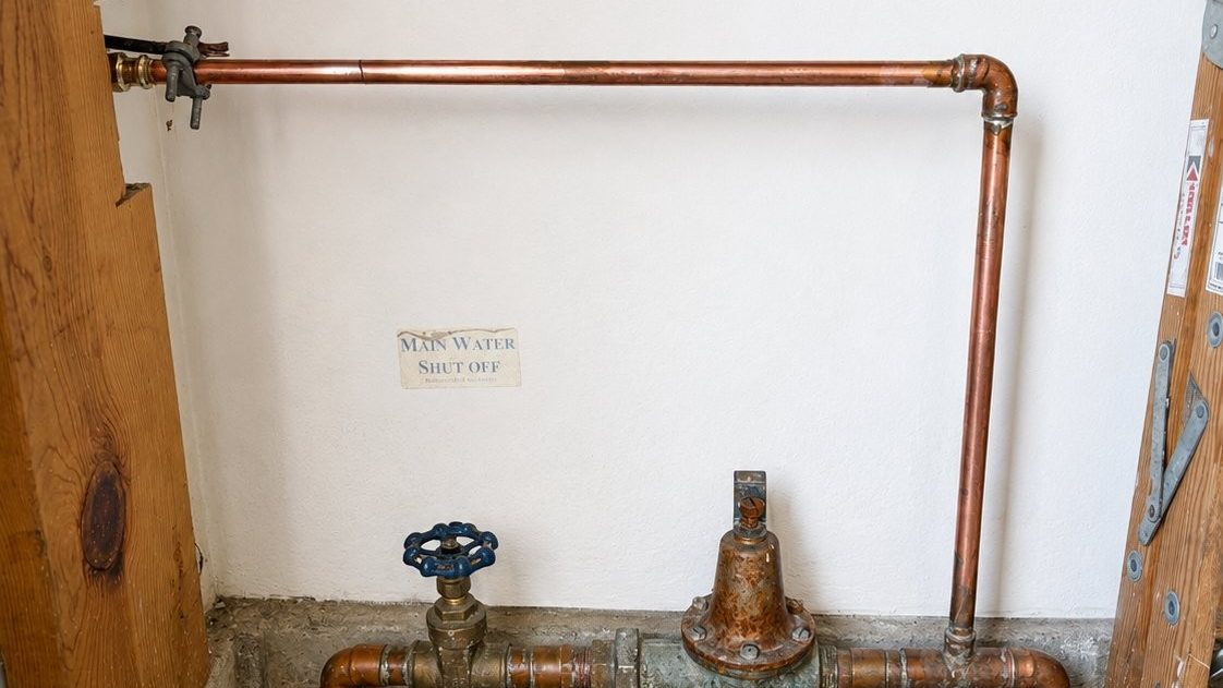 Old copper main shutoff and a corroded pressure-reducing valve before replacement