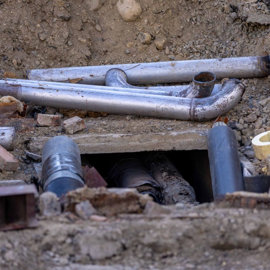 Metal pipes laid in an open street trench during a line replacement